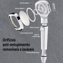 Ducha de alta pressão com filtro de purificação de água, botão de parada, seletor de 4 modos e peças removíveis, incluindo anéis de vedação, anel de fixação e placa de saída de água lavável para evitar entupimentos.