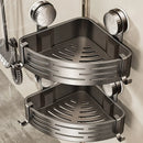 Rack organizador de banheiro com ventosa, estrutura triangular resistente e haste com gancho, ideal para economizar espaço no box, chuveiro ou banheiro e guardar shampoo, sabonete, esponjas e acessórios de banho.