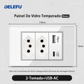 Tomada Inteligente Wi-Fi DELEFU com USB Duplo e USB-C – Vidro Temperado 10A e 20A
