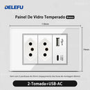 Tomada Inteligente Wi-Fi DELEFU com USB Duplo e USB-C – Vidro Temperado 10A e 20A