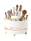 Organizador de Maquiagem Giratório 360° Premium com 5 compartimentos, ideal para armazenar pincéis, batons, perfumes, bases e produtos de skincare com praticidade e elegância.