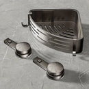 Rack organizador de banheiro com ventosa, estrutura triangular resistente e haste com gancho, ideal para economizar espaço no box, chuveiro ou banheiro e guardar shampoo, sabonete, esponjas e acessórios de banho.