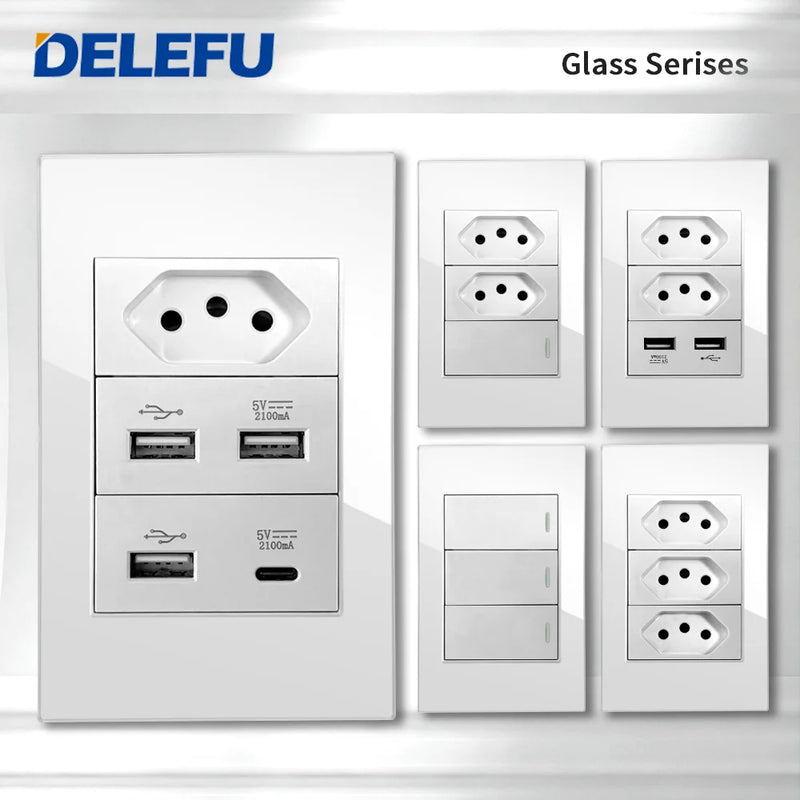 Tomada Inteligente Wi-Fi DELEFU com USB Duplo e USB-C – Vidro Temperado 10A e 20A
