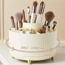 Organizador de Maquiagem Giratório 360° Premium com 5 compartimentos, ideal para armazenar pincéis, batons, perfumes, bases e produtos de skincare com praticidade e elegância.
