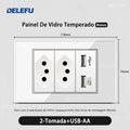 Tomada Inteligente Wi-Fi DELEFU com USB Duplo e USB-C – Vidro Temperado 10A e 20A