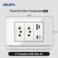 Tomada Inteligente Wi-Fi DELEFU com USB Duplo e USB-C – Vidro Temperado 10A e 20A
