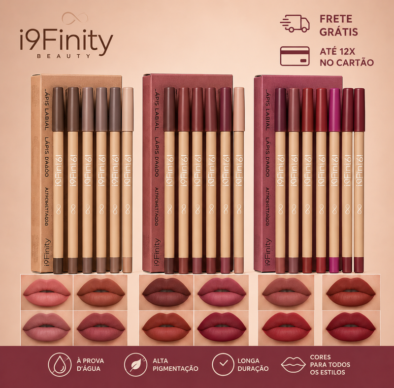 Lápis Delineador Labial Fosco Velvet kit com 6 cores de alta pigmentação, acabamento matte aveludado e longa duração para contornar e preencher os lábios.