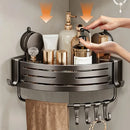 Rack organizador de banheiro com ventosa, estrutura triangular resistente e haste com gancho, ideal para economizar espaço no box, chuveiro ou banheiro e guardar shampoo, sabonete, esponjas e acessórios de banho.